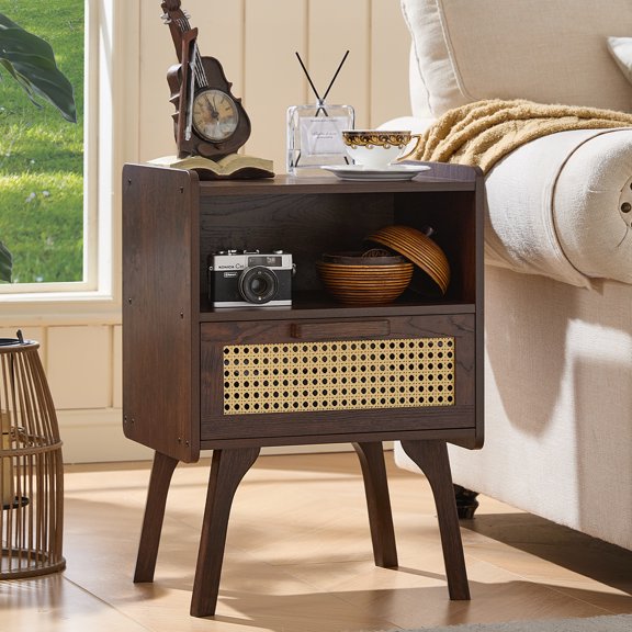 LEYAOYAO Rattan Nightstand, Modern Wicker Bedside Table with 1 Drawer & Tapered Legs, Boho Tea Color for Small Spaces, Walnut