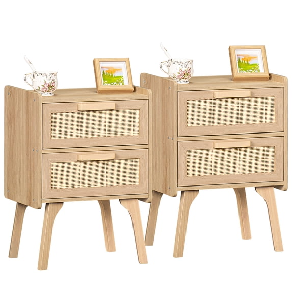 LEYAOYAO Rattan Nightstand Set of 2, Bedside Table with 2 Storage Drawers, End Table Night Stand for Bedroom, Kids Room, Natural Oak