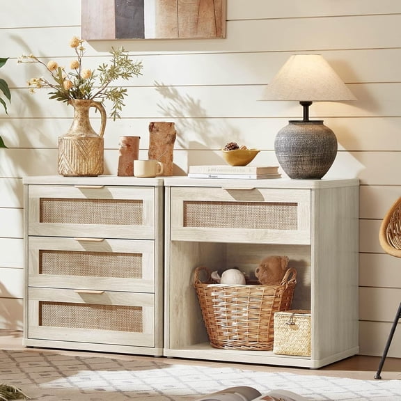 LEYAOYAO Rattan Nightstand Set of 2, Boho Bedside Tables Night Stands with Drawer and Storage Shelf, Boho Side Tables for Living Room, Grey White