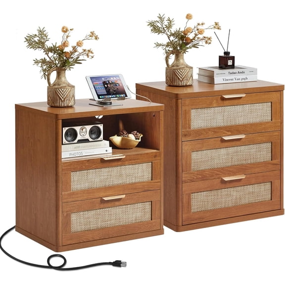 LEYAOYAO Rattan Nightstand Set of 2 with Drawers & Charging Station, Wood Night Stands End Side Table for Bedroom/ Entryway, Tea Brown
