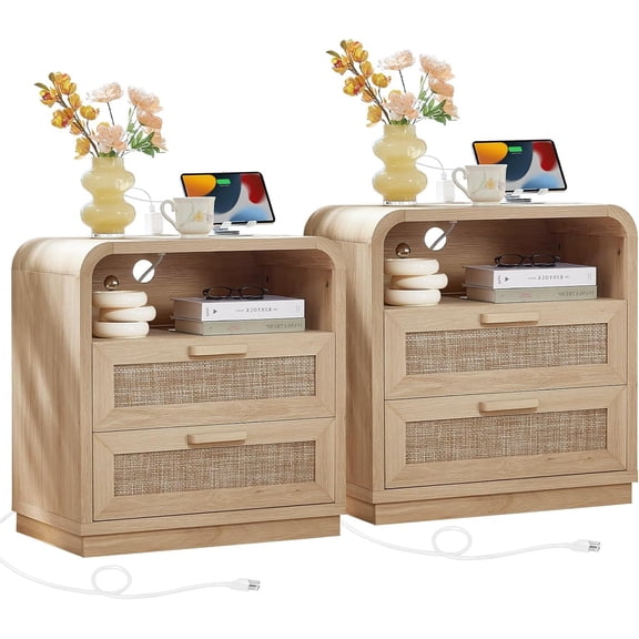 LEYAOYAO Rattan Nightstand with Charging Station Set of 2, Modern End Table with 2 Drawers and Shelf for Bedroom/Living Room, Natural Oak