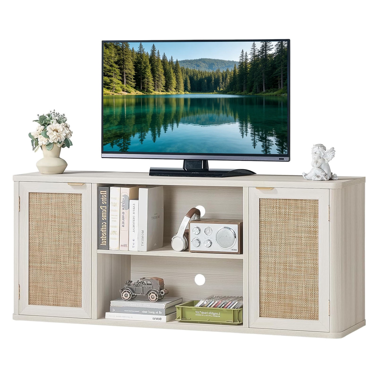 LEYAOYAO Rattan TV Stand for Tvs up to 65 inch, Wood Media Console for Living Room, Grey Oak