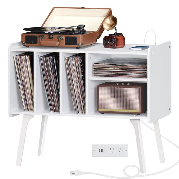 LEYAOYAO Record Player Stand with Charging & Storage for 220 Albums, Mid-Century Turntable Table 4 Cabinet for Living Room, White