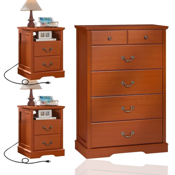 LEYAOYAO Rustic Farmhouse 3-Pcs Dresser & Nightstand Set, 47" Chest & 18" Nightstands w/ Charging, Bedroom, Caramel