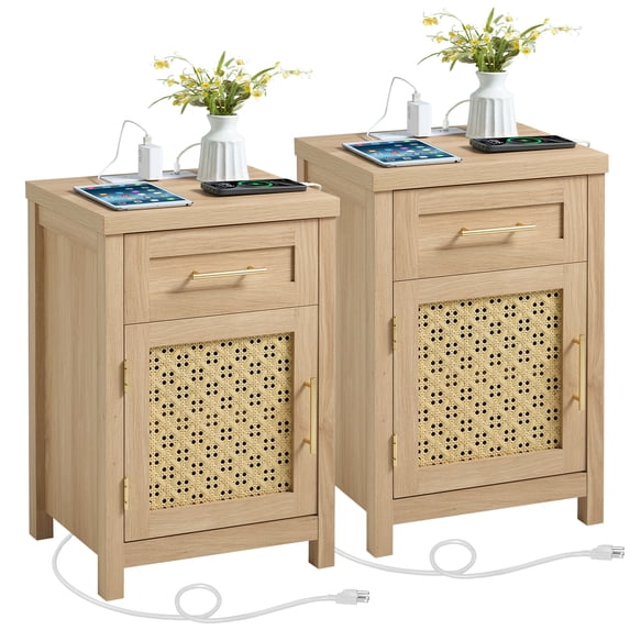 LEYAOYAO Small Rattan Nightstand Set of 2 with Type-C Charging, Drawer & Adjustable Shelf, Natural Oak for Bedroom, Small Space