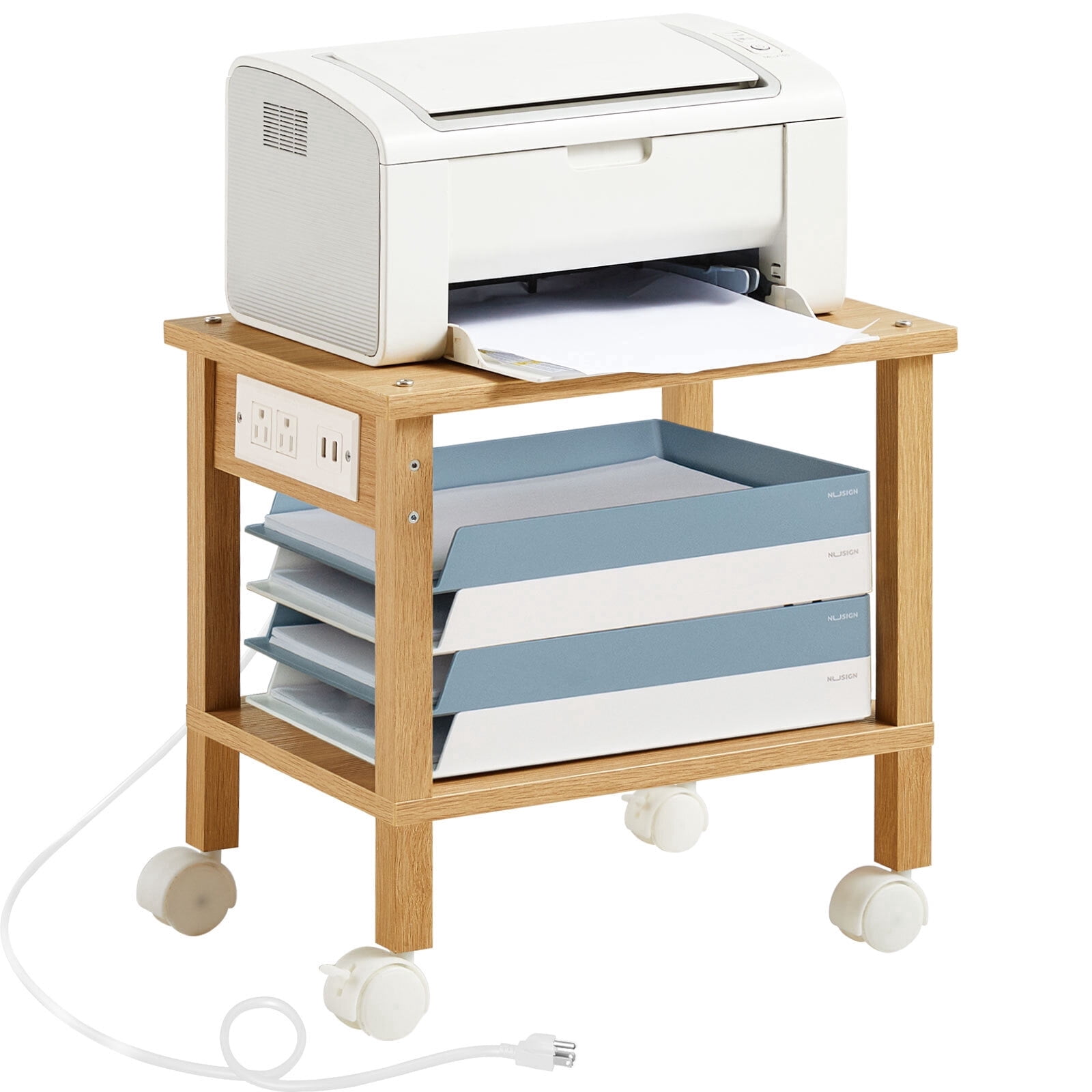 Leyaoya 2-Tier Printer Stand with Charging Station, Under Desk Organizer with Storage Shelves for Home Office, Natural Oak