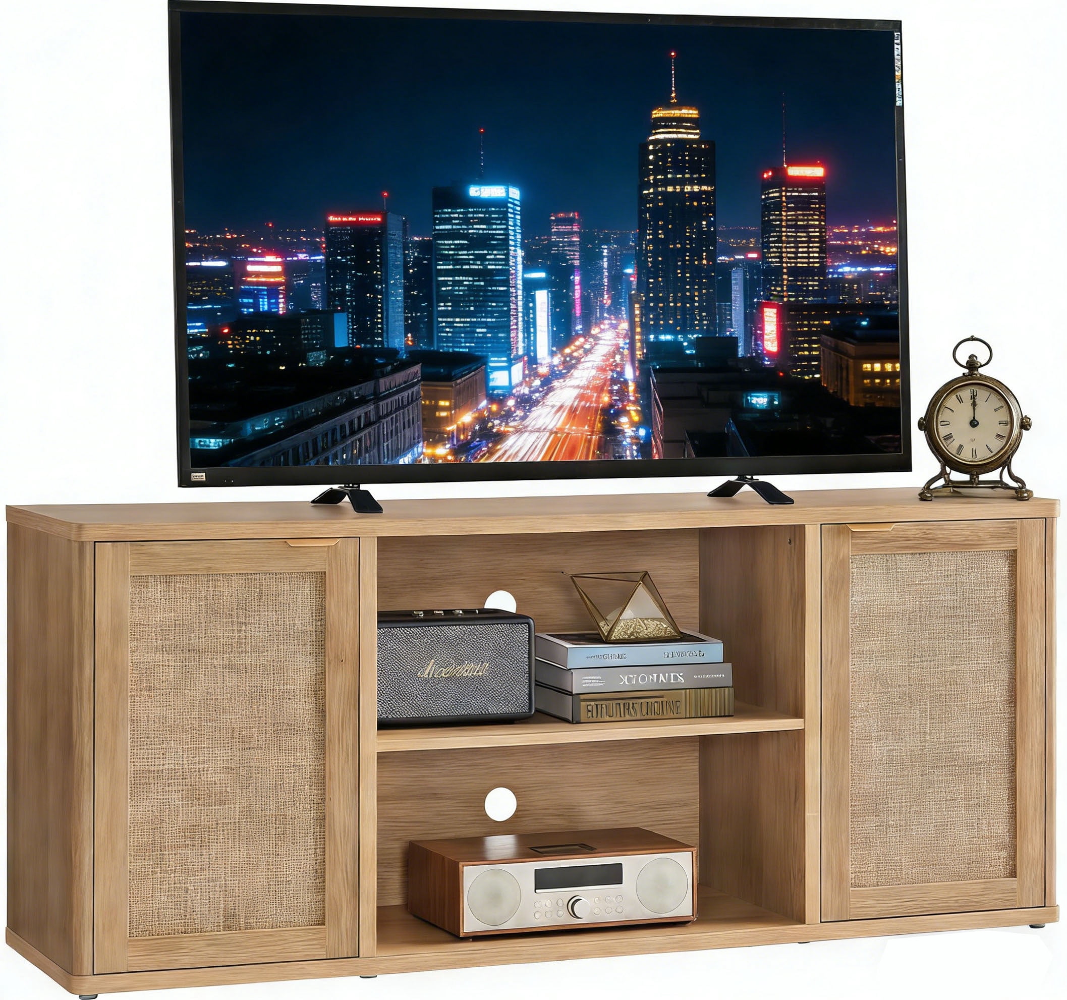 LEYAOYAO TV Stand for 50-65 Inch TV, Rattan Boho Entertainment Center, Rustic Wood Media Console with Storage and Open Shelf, Natural
