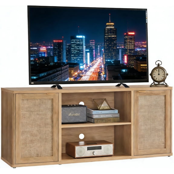 LEYAOYAO TV Stand for 50-65 Inch TV, Rattan Boho Entertainment Center, Rustic Wood Media Console with Storage and Open Shelf, Natural