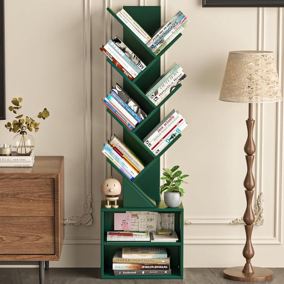LEYAOYAO Tall Tree Bookshelf, 9-Tier Zigzag Bookcase with Storage, Vertical Storage Shelf for Books & Décor, Space-Saving Design, Dark Green