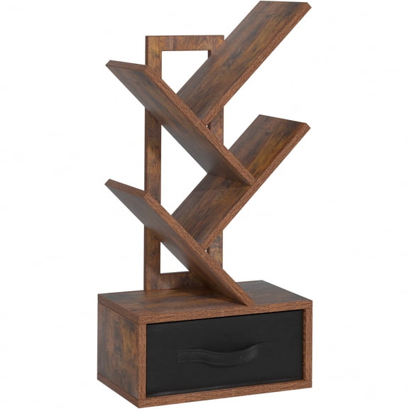 LEYAOYAO Vertical Tree Bookshelf 4-Tier Floor Standing Tree Bookcase with Drawer, Brown