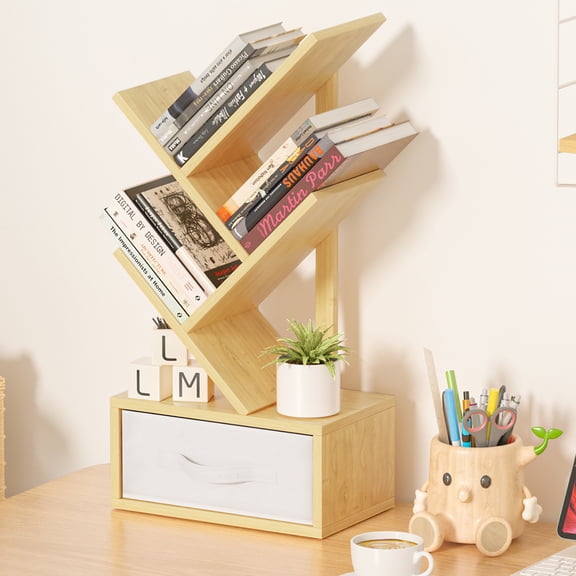 LEYAOYAO Vertical Tree Bookshelf with Drawer & Shelves for Home Office, Natural