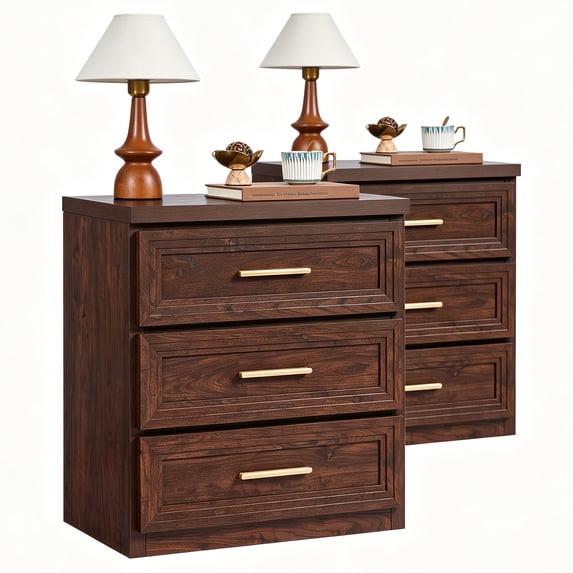 LEYAOYAO Walnut Nightstand Set of 2, Mid Century Modern Night Stands For Bedroom Bedside Table, Wood Nightstand with 3 Drawers
