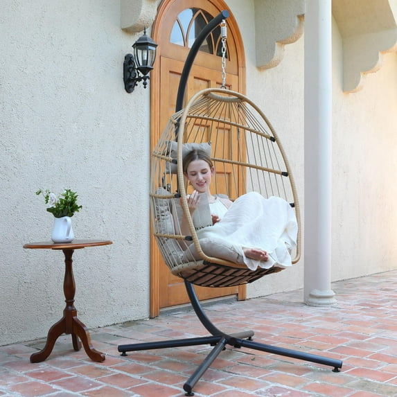 LEYCAY Egg Chair With Stand , PE Wicker Hanging Outdoor Egg Chair with Metal Frame, Beige