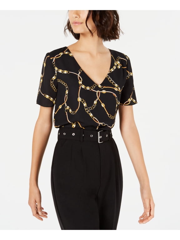 $49 Womens New Black Printed V Neck Short Sleeve Casual Top S B+B