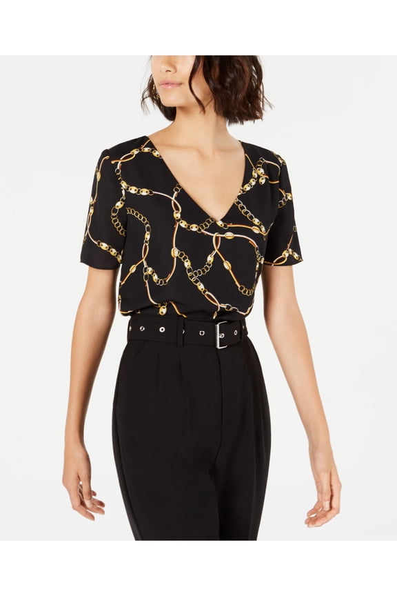 $49 Womens New Black Printed V Neck Short Sleeve Casual Top S B+B