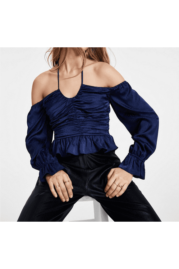 Women's Dotted Off-The-Shoulder Halterneck Top Navy L B4HP