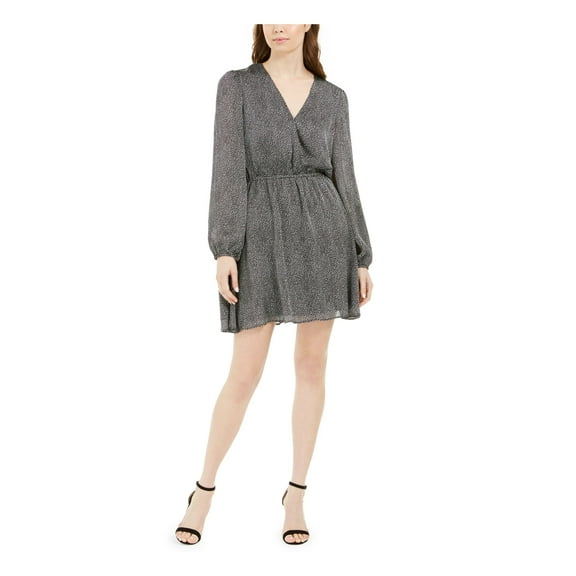 LEYDEN Womens Black Printed Long Sleeve V Neck Short Dress L