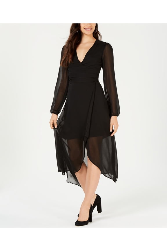 Womens Black Sheer Long Sleeve V Neck Below The Knee Wrap Dress Cocktail Dress Size XS