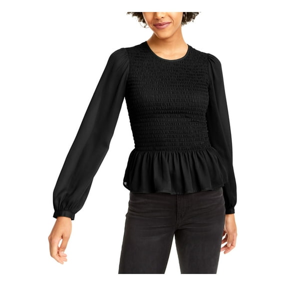LEYDEN Womens Black Textured Long Sleeve Jewel Neck Wear To Work Peplum Top M