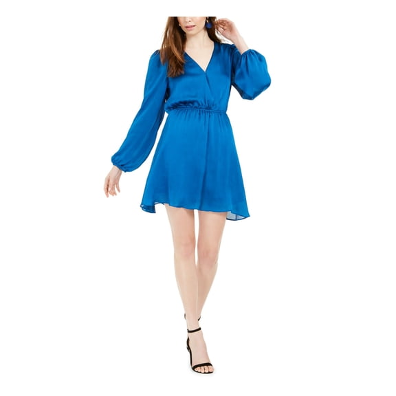 LEYDEN Womens Blue Long Sleeve V Neck Short Sheath Dress M