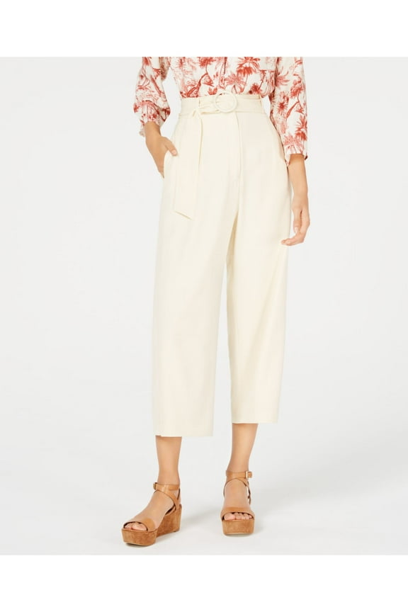 Womens Ivory Belted Cropped Paperbag Wear To Work Pants S