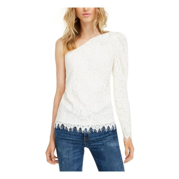 LEYDEN Womens Ivory Embroidered Cold Shoulder Long Sleeve Asymmetrical Neckline Party T-Shirt L