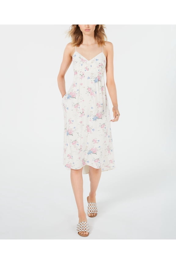 Womens Ivory Floral Spaghetti Strap V Neck Midi Pleated Dress XL