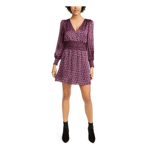 LEYDEN Womens Purple Floral Long Sleeve V Neck Short Fit + Flare Dress L