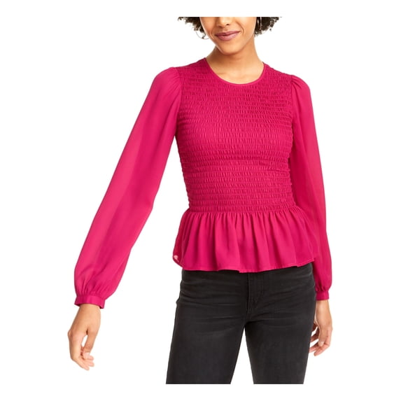 LEYDEN Womens Purple Textured Smocked Long Sleeve Jewel Neck Evening Peplum Top L