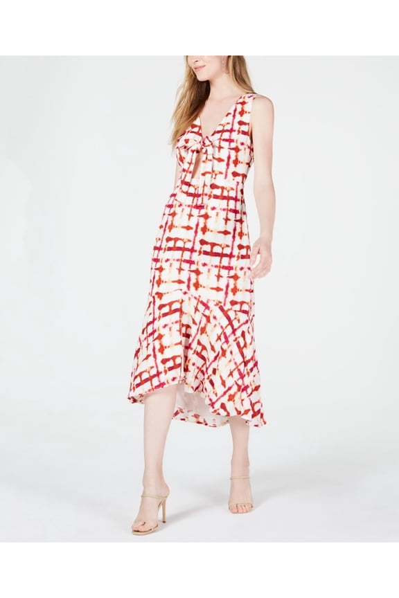 Womens Red Cut Out Printed Sleeveless V Neck Below The Knee Shift Dress XS