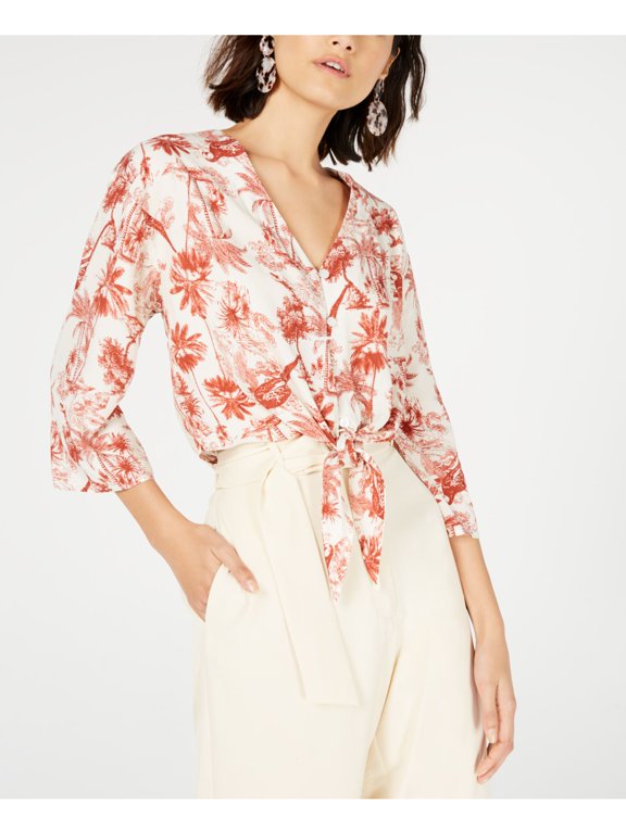 Womens Red Printed 3/4 Sleeve V Neck Blouse Top Size: M