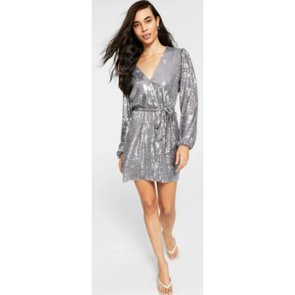 LEYDEN Womens Silver Sequined Tie Lined Balloon Sleeve Surplice Neckline Short Party Wrap Dress XL