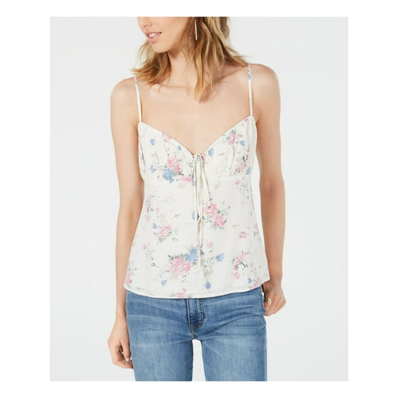LEYDEN Womens White Floral Spaghetti Strap V Neck Tank Top S
