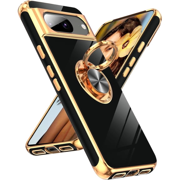 LEYI For Google Pixel 8 Case, 360 Rotatable Ring Holder Magnetic Kickstand, Plating Rose Gold Edge Protective Google Pixel 8 Case, Black