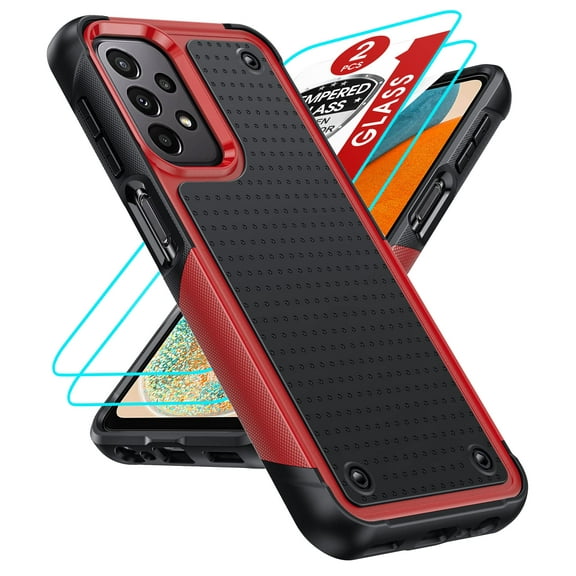 LEYI for Samsung Galaxy A13/ A32/ A23 5G 4G Case, Samsung A04S Case with 2 Pack Tempered Glass Screen Protectors, Heavy Duty Hard PC Textured Back Case for Samsung A13 5G 4G/ A32/ A23/ A04S, Red