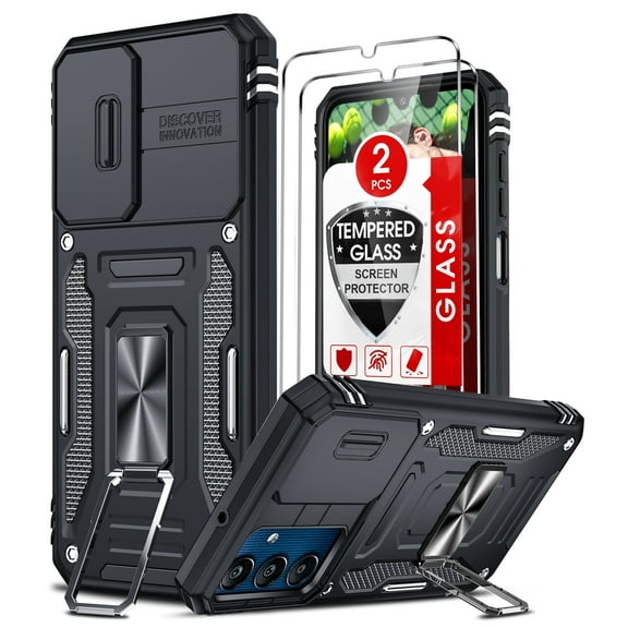 LEYI for Samsung Galaxy A25 5G Case, Samsung A25 Phone Case with 2 Pack Screen Protectors, Heavy Duty Shockproof Case with Slide Camera Cover & Magnetic Rotatable Ring Kickstand Case for A 25, Black