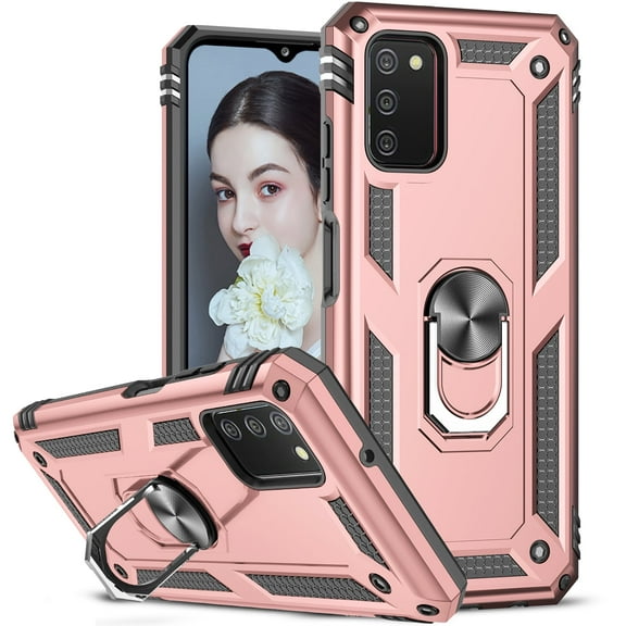 LEYI for Samsung Galaxy AO3S Case, Galaxy A03S Case(Not A03) 360 Metal Rotating Ring Kickstand Holder Armor Heavy Duty Shockproof Case for Samsung A03S Phone Case, Rose Pink
