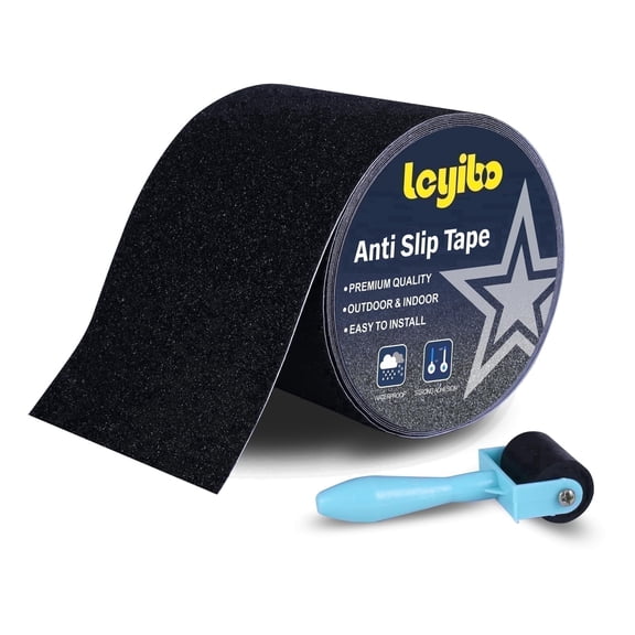 LEYIBO-5" x 35Ft Heavy Duty Anti Slip Tape with Roller for Stairs Outdoor/Indoor Waterproof Grip Tape Safety Non Skid Roll for Stair Steps Traction Tread Staircases Non Slip Strips Black