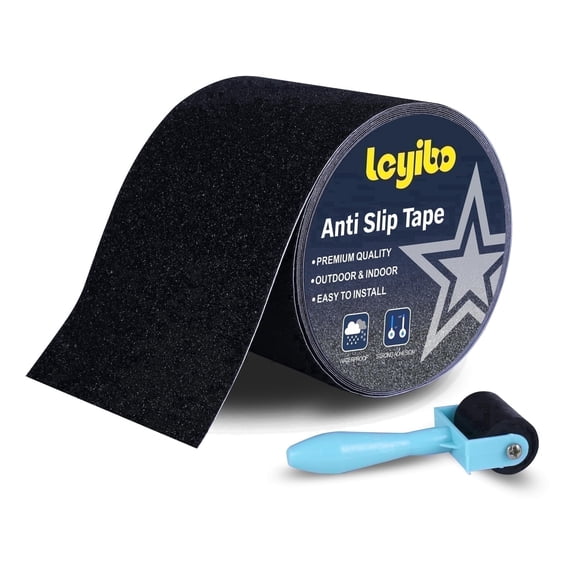 LEYIBO-5" x 35Ft Heavy Duty Anti Slip Tape with Roller for Stairs Outdoor/Indoor Waterproof Grip Tape Safety Non Skid Roll for Stair Steps Traction Tread Staircases Non Slip Strips Black