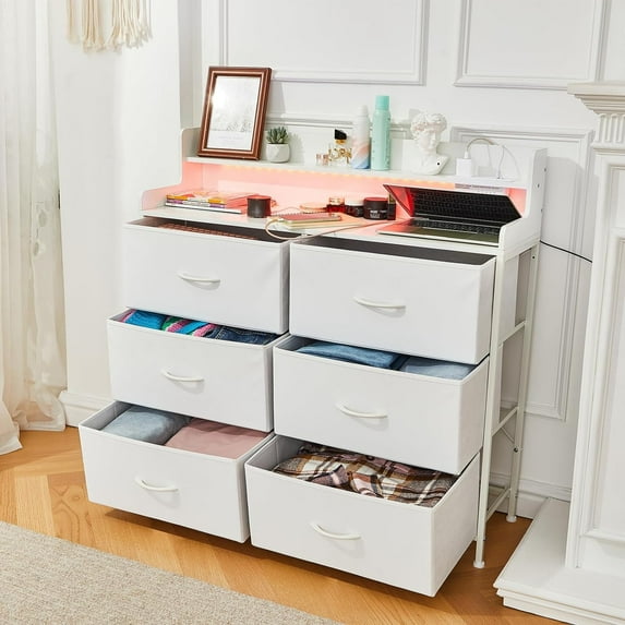 LEZASTAR 6 Drawer Modern Design Dresser with LED Lights, White