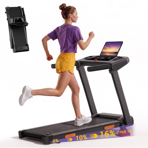 LEZEE 4-in-1 16% Incline Folding Treadmill for Home, 3.0HP Quiet Motor with 7-Layer Shock Absorption, 330lbs Capacity, 3 LED Displays with Handrails