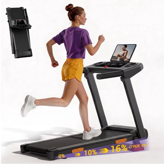 LEZEE 4-in-1 16% Incline Folding Treadmill for Home, 3.0HP Quiet Motor with 7-Layer Shock Absorption, 400lbs Capacity, 3 LED Displays with Handrails