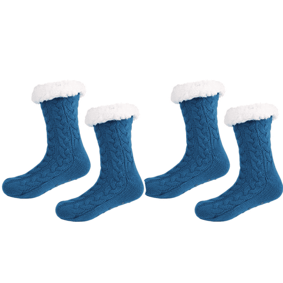 LEZMORE 2 Pack Slipper Socks for Women Cozy Fuzzy Stocking Socks ,Knit Womens Thick Knit Sherpa Fleece Slipper Socks Grippers