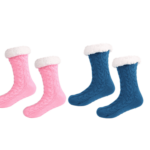 LEZMORE 2 Pack Slipper Socks for Women Cozy Fuzzy Stocking Socks ,Knit Womens Thick Knit Sherpa Fleece Slipper Socks Grippers
