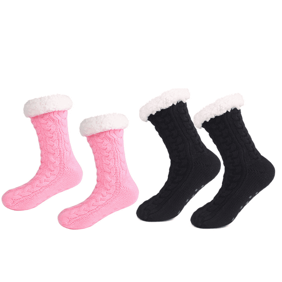 LEZMORE 2 Pack Slipper Socks for Women Cozy Fuzzy Stocking Socks ,Knit Womens Thick Knit Sherpa Fleece Slipper Socks Grippers