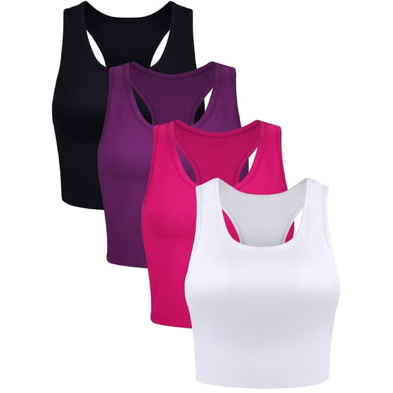 LEZMORE 4 Pieces Women'S Basic Crop Tank Tops Sleeveless Racerback Crop Gym Clothes Sports Top US 4-12