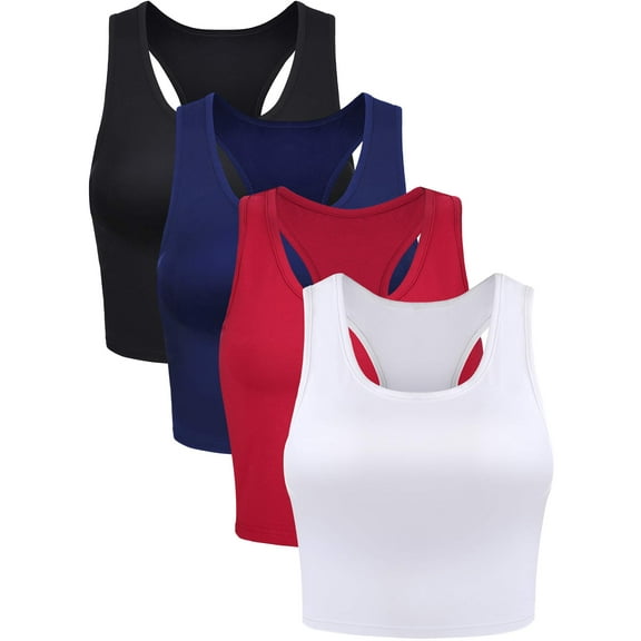 LEZMORE 4 Pieces Women'S Basic Crop Tank Tops Sleeveless Racerback Crop Gym Clothes Sports Top US 4-12