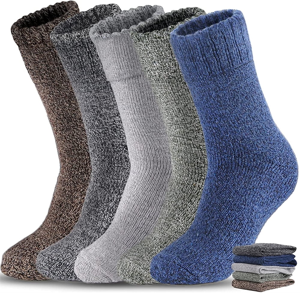 LEZMORE 5 Pairs Plus Velvet Thick Solid Color Men Wool Socks, Thick