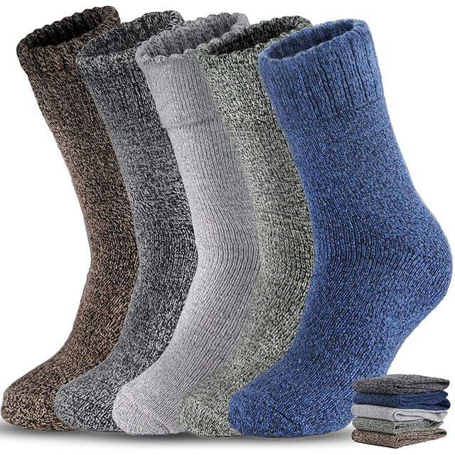 LEZMORE 5 Pairs Plus Velvet Thick Solid Color Men Wool Socks, Thick
