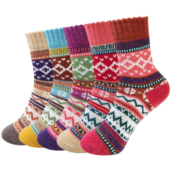 LEZMORE 5 Pairs Women's Wool Socks Gift Winter Warm Thickened Knit Comfortable Cozy Crew Socks, Womens Vintage Socks, 6-10